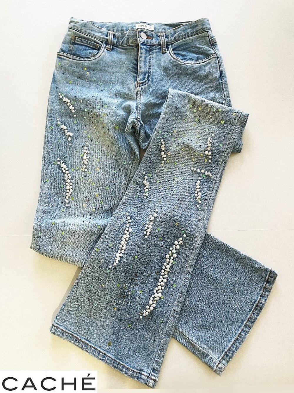 Cache Vintage Women's Light Denim Jeans | Rare Pearl & Sequin Embellished Size 2